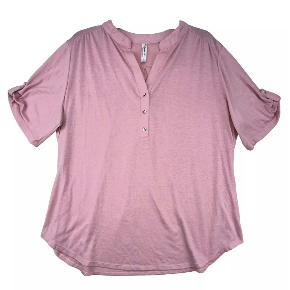 Plus Size Pink Button Front Roll Tab Sleeve Tunic‎ Top 2X V-neck Short Sleeve